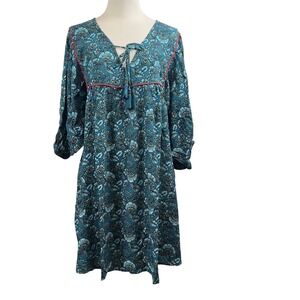 Band of the Free Mallory Deep Teal Aqua Mini Dress Floral Tassel Tie Medium‎ NEW